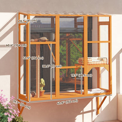 Wooden Catio Outdoor, Cat Window Box Enclosure for 2-3 Large Cats with 2 Jumping Platforms & Scratching Post, Orange