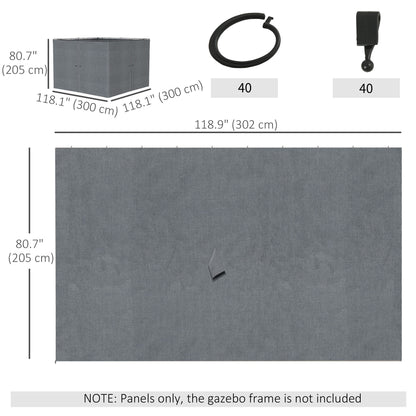 Gazebo Curtains, 10' x 10' Universal Replacement Privacy Curtain, 4-Panels Sidewall with Hooks/C-Rings, Slate Grey