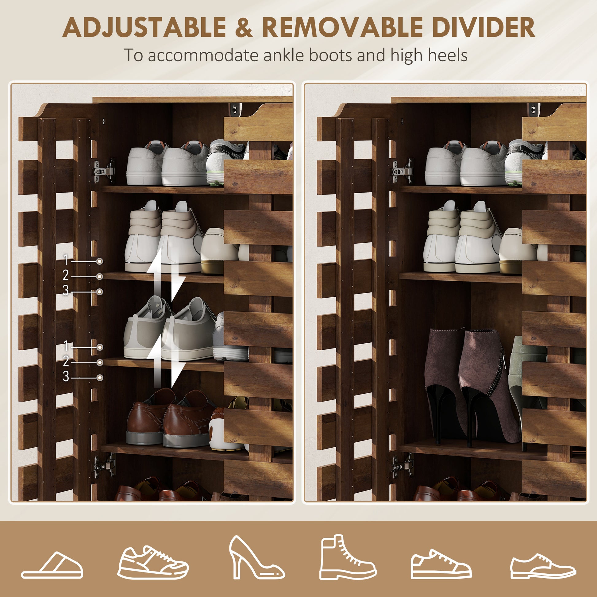 Shoe Cabinet, 20 Pair Shoe Storage Cabinet with Hollowed-Out Doors, Distressed Brown