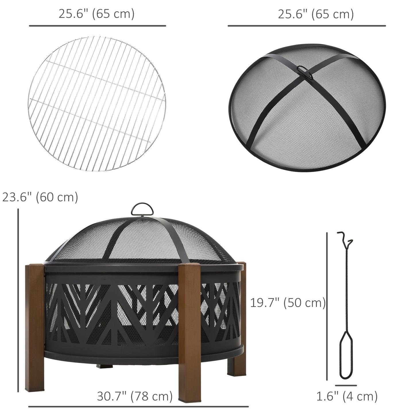 31" Outdoor Fire pit, 2-in-1 Wood Burning Fire Pit Brazier with Lid, BBQ Grill, Poker for Backyard, Camping, Black