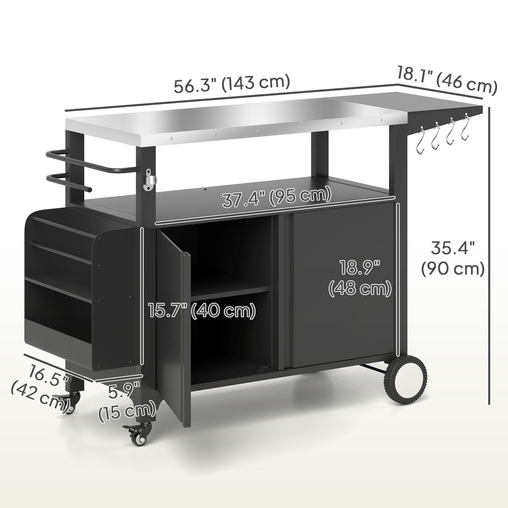 Outdoor Grill Cart with Foldable Side Table, Stainless Steel Tabletop, Pizza Oven Stand with Storage Rack, Wheels