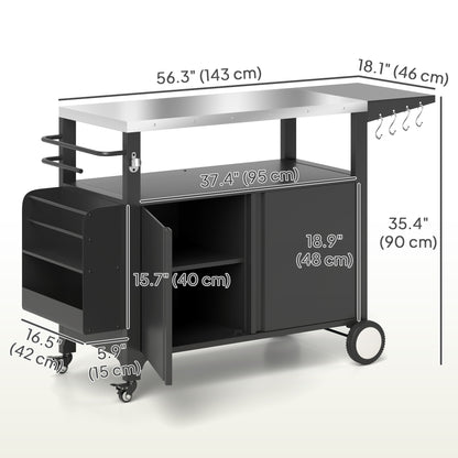 Outdoor Grill Cart with Foldable Side Table, Stainless Steel Tabletop, Pizza Oven Stand with Storage Rack, Wheels