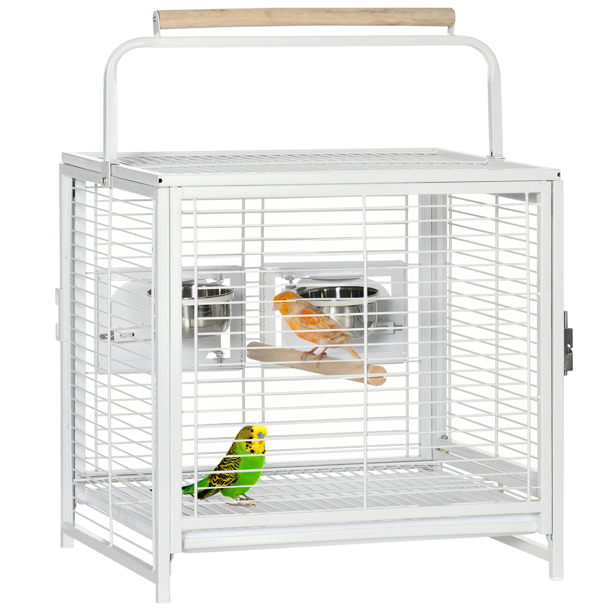 Bird Travel Carrier Cage, Portable Metal Bird Cage for Parrots Conures Cockatiel Parakeets with Stand Perch, Stainless Steel Bowls, Pull Out Tray, 19" x 15" x 26", White