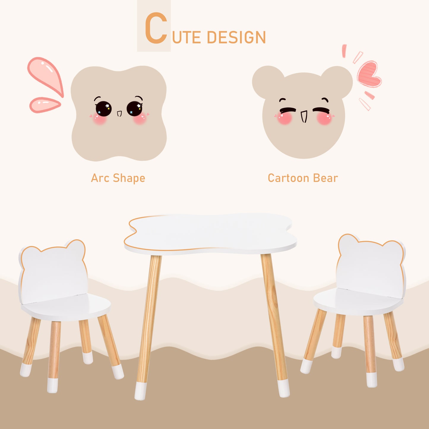 Qaba Kids Wooden Table and 2 Chairs Set, 3-Piece Dining Table with Bear Shape and Rounded Corners for 1-4 Years, White