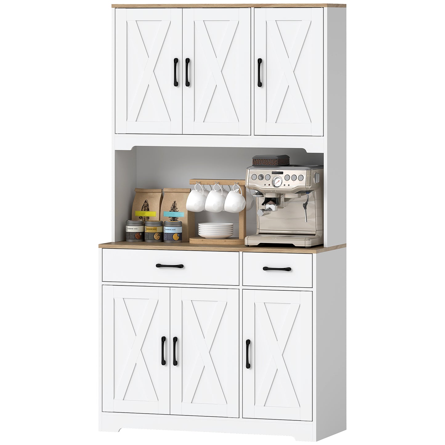 Tall Kitchen Pantry, 6 Doors, 2 Drawers, Adjustable Shelves & Worktop, Rustic Storage Cabinet for Living Room White