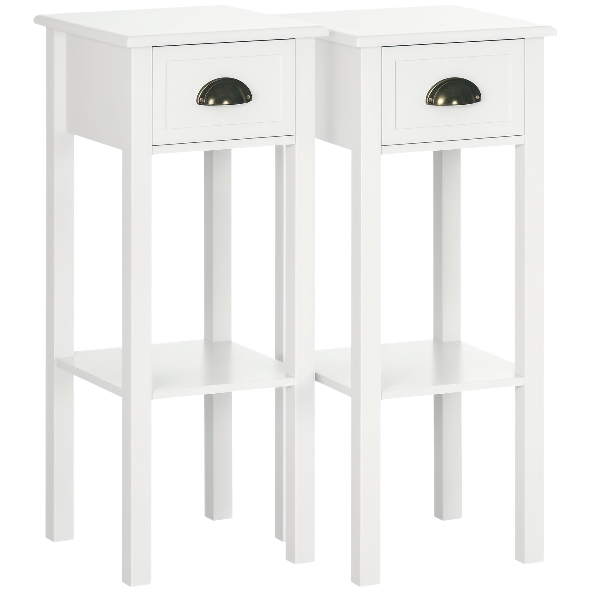 2 Tier Side Table, Set of 2, Narrow Tall End Table with Drawer and Shelf, Slim Wooden Nightstand for Living Room, Bedroom, Hallway, White