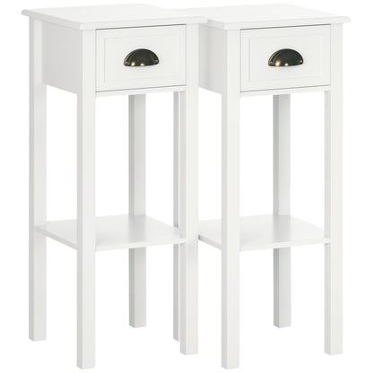 2 Tier Side Table, Set of 2, Narrow Tall End Table with Drawer and Shelf, Slim Wooden Nightstand for Living Room, Bedroom, Hallway, White
