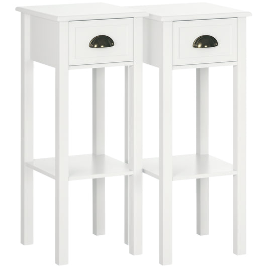 2 Tier Side Table, Set of 2, Narrow Tall End Table with Drawer and Shelf, Slim Wooden Nightstand for Living Room, Bedroom, Hallway, White
