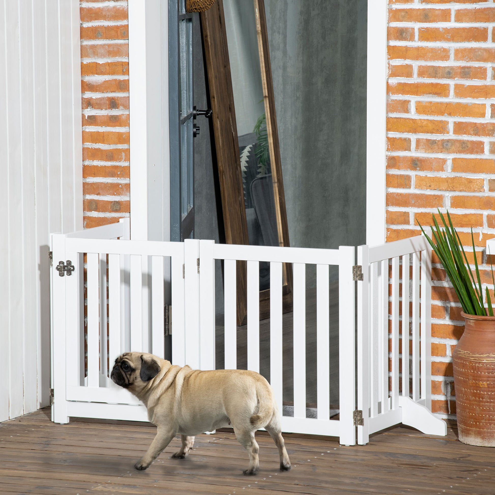 23.5"H Foldable Dog Gate with Door, 4 Panels Freestanding Pet Gate Barriers Indoor with Support Feet, Puppy Fence for Small Dogs, White