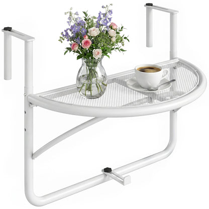 Adjustable Balcony Hanging Railing Table, Metal Mounting Mini Wall Desk Storage Rack, Outdoor Flower Stand Serving Table Half Round, White