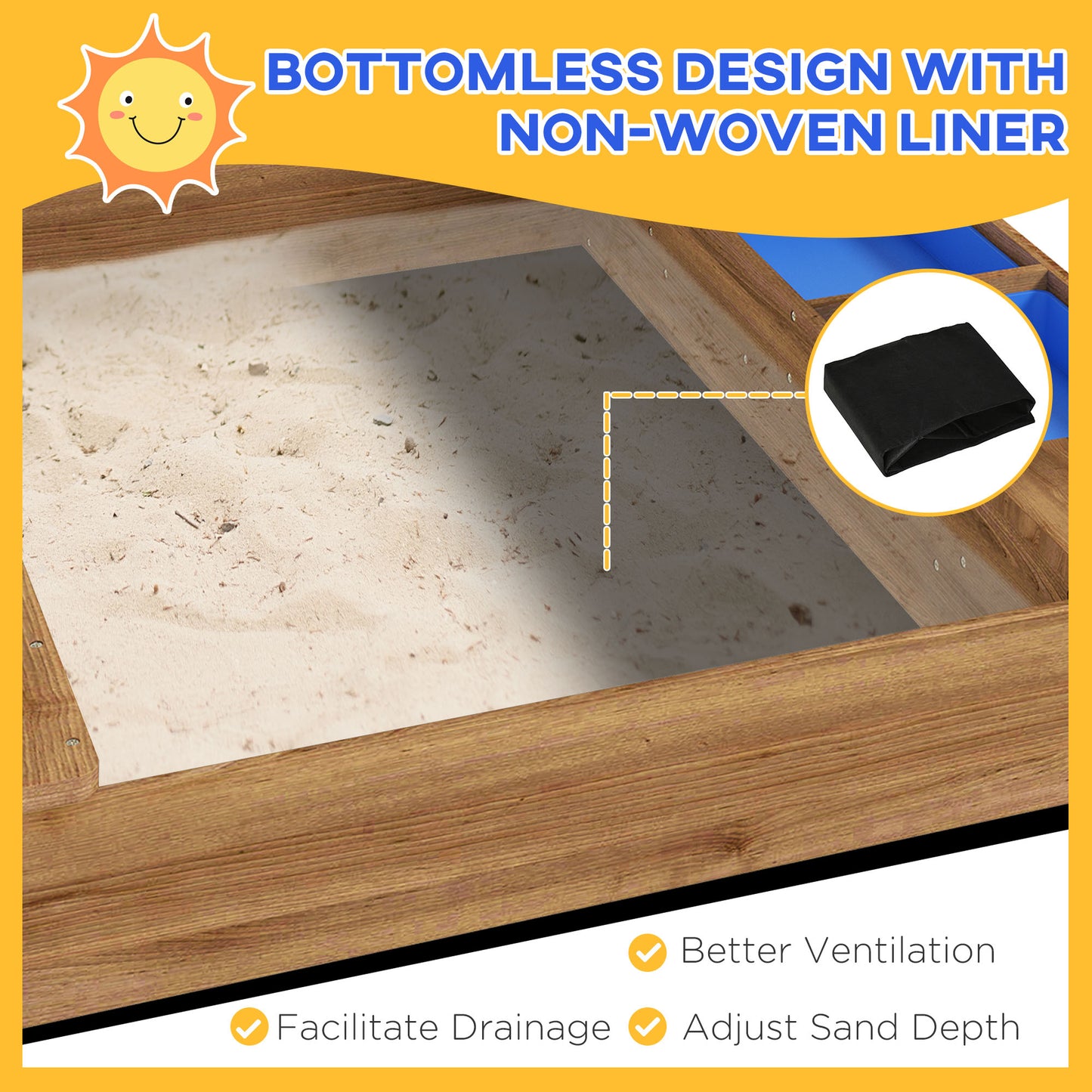 Outdoor Wooden Sandbox with Cover for 3-7 Years Old, Backyard, Brown