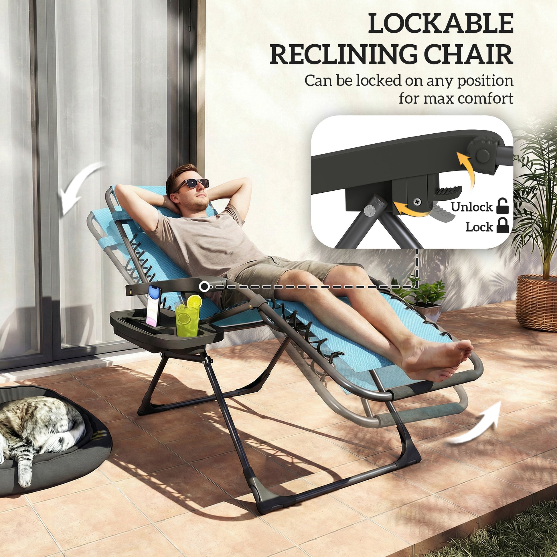 Zero Gravity Chair Set of 2, Folding Reclining Outdoor Lounge Chair with Cup Holder, Headrest, Sky Blue