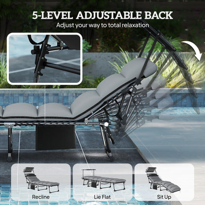 Lounge Chair Outdoor, Folding Chaise Lounge with 5-Level Adjustable Back, Cushion, Side Pocket and Headrest