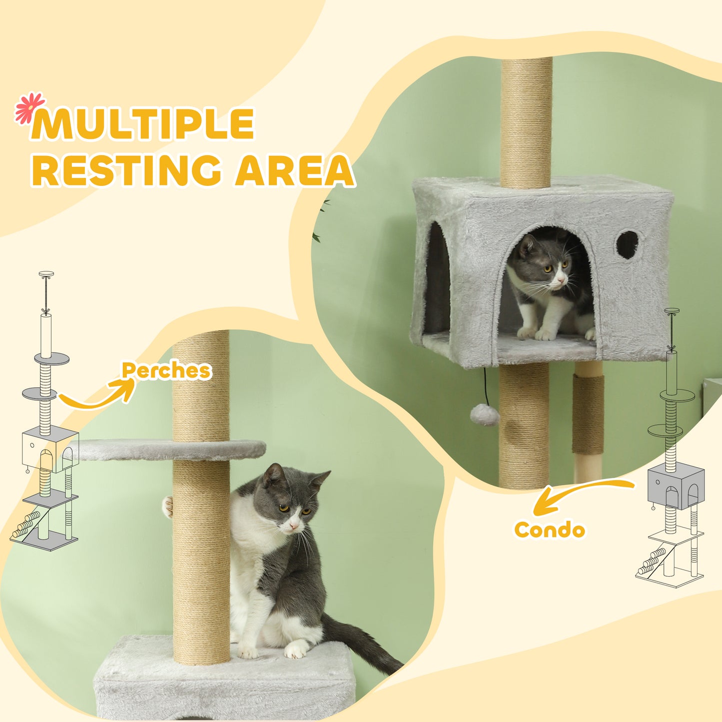 89"-100" Floor to Ceiling Cat Tree w/ Scratching Post, Cat House, 3-Steps, Hanging Ball, Perches, Light Grey