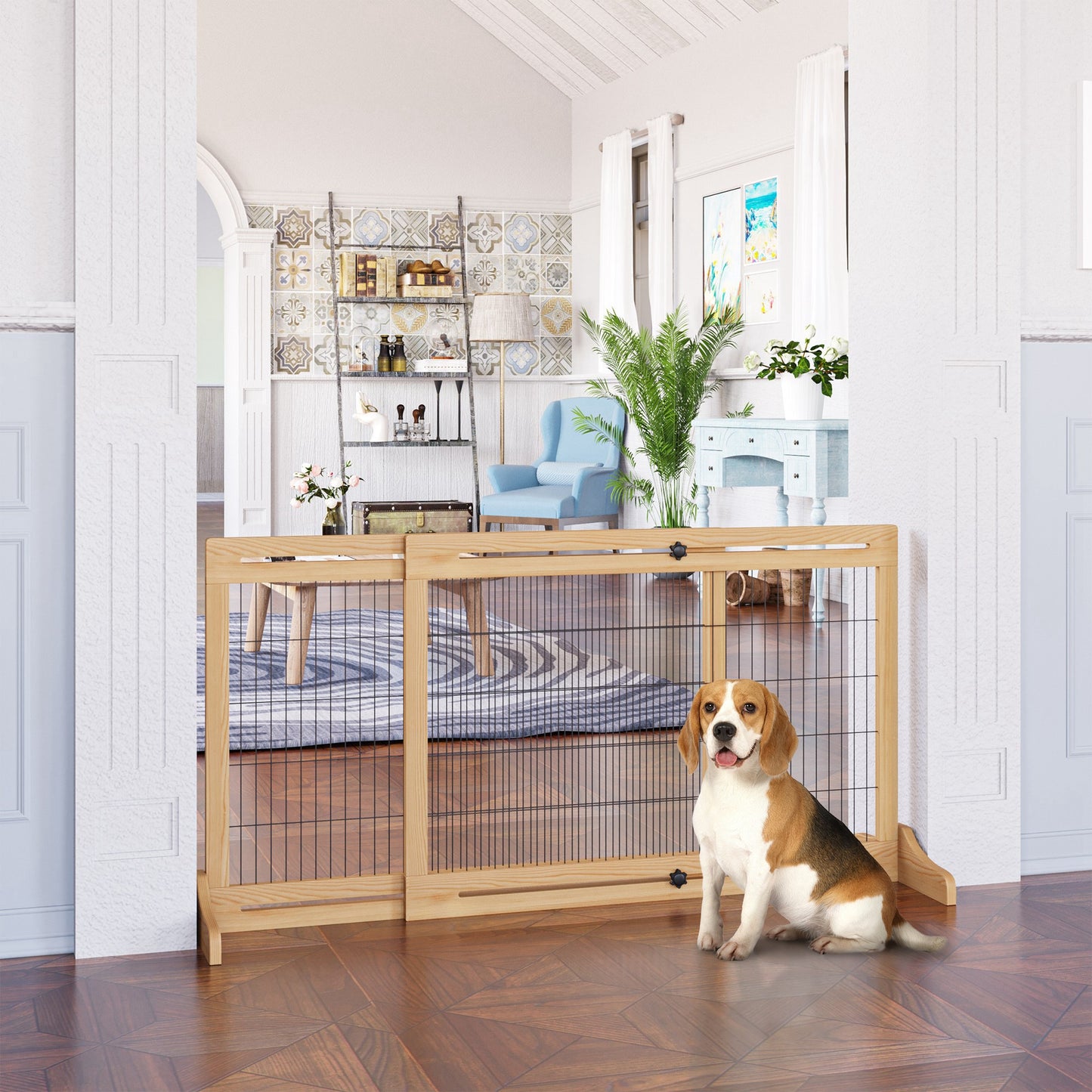 41"-71" Wooden Freestanding Pet Gate with Support Feet, for Small Medium Dogs, Natural