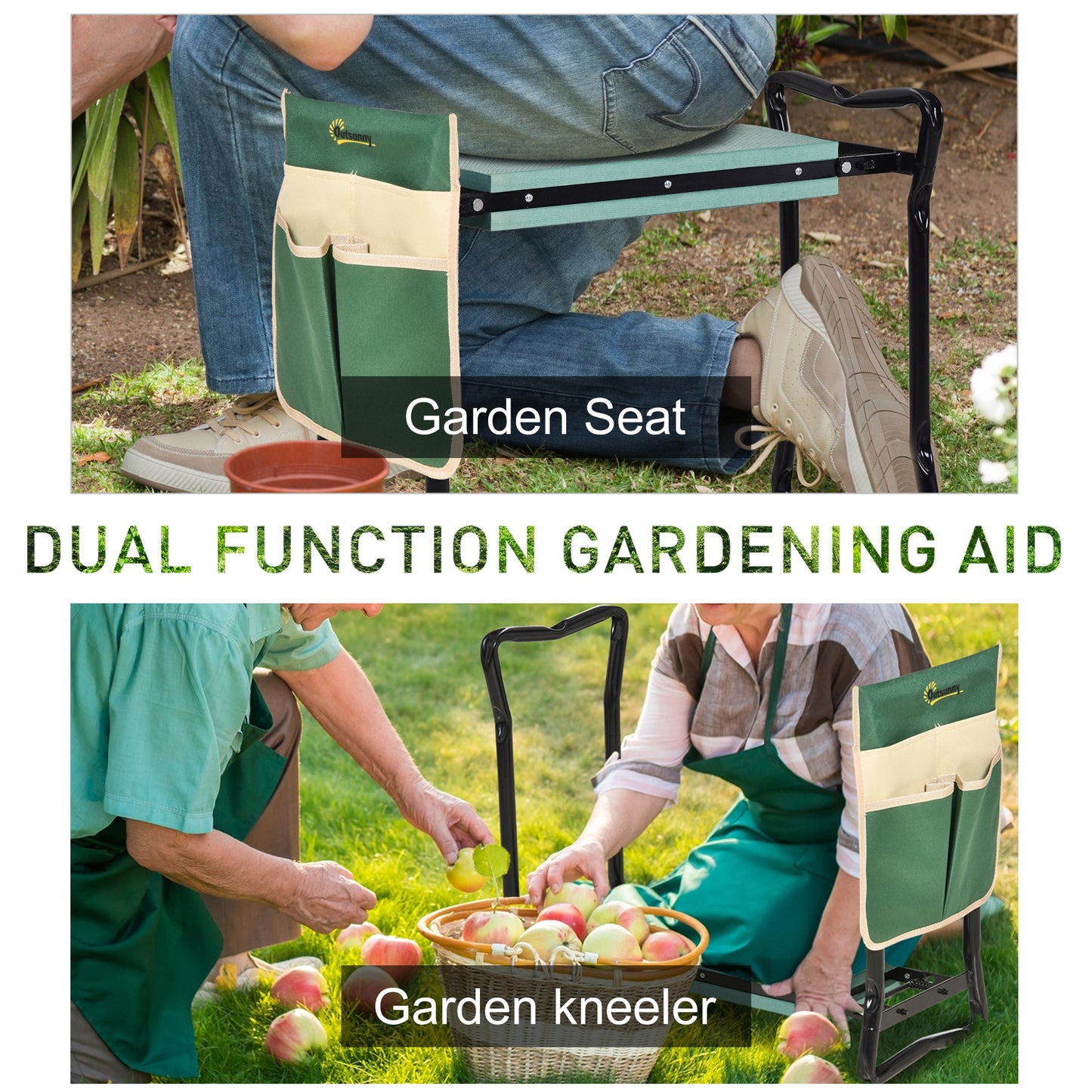 Garden Kneeler and Seat, Foldable Gardening Stool Bench with Thick EVA Foam Kneeling Pad and 1 Large Tool Pouch, Green