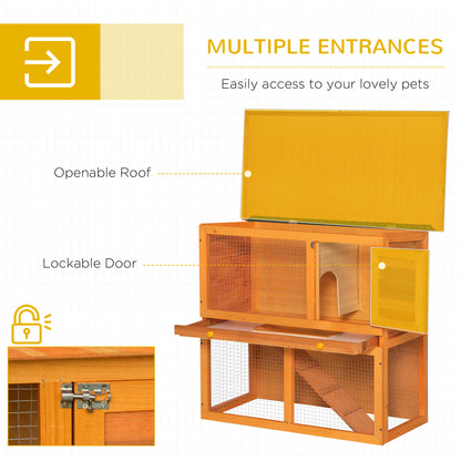 Wooden Rabbit Hutch, Indoor Outdoor Bunny Cage with Run, 2- Level Guinea Pig House with Slide-Out Tray, Waterproof Roof, Yellow