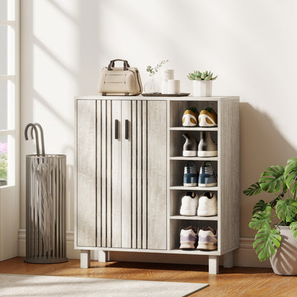 Shoe Storage with Double Doors and Open Shelves 17 Pair Shoe Storage Organizer for Entryway Hallway Light Grey