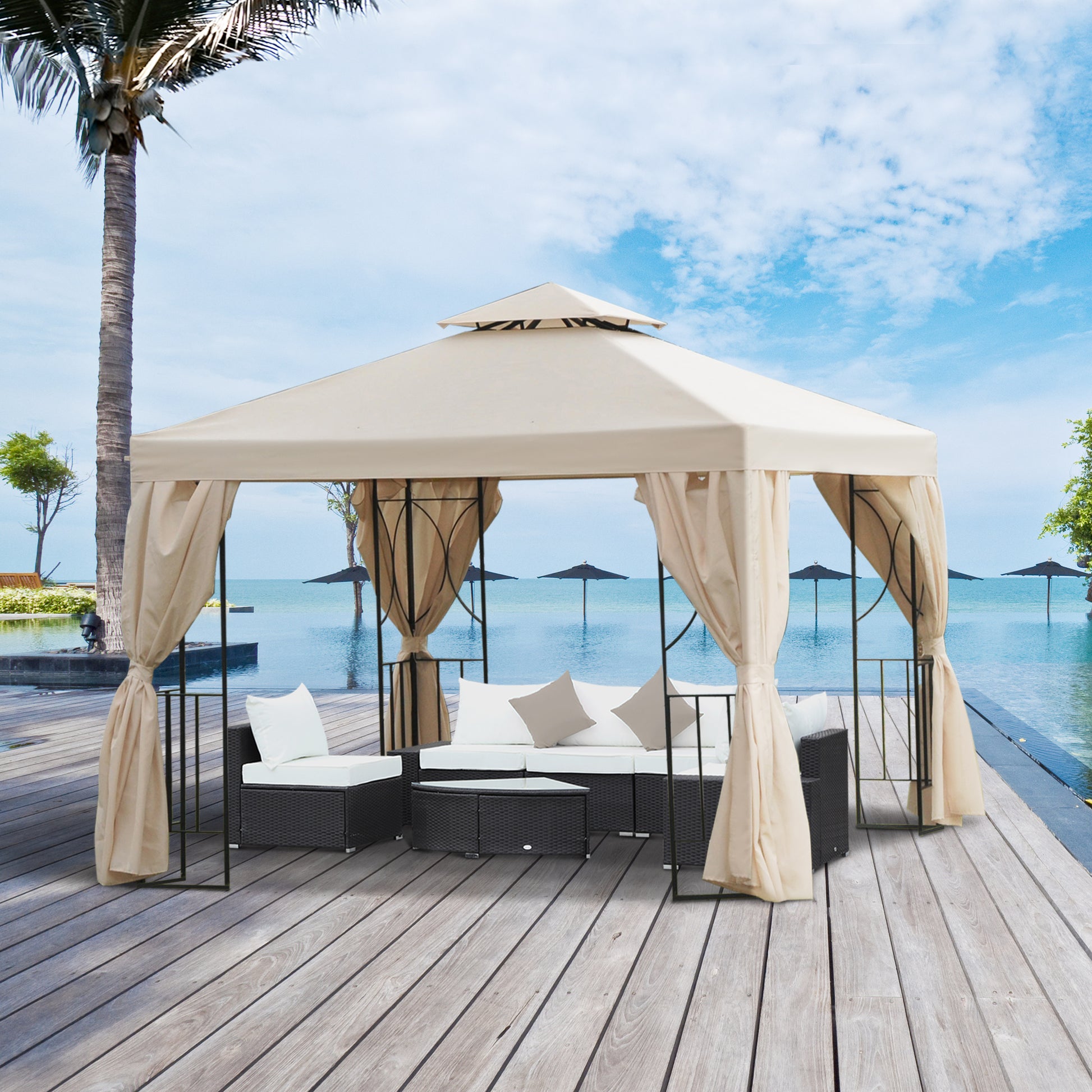 10' x 10' Patio Gazebo Outdoor, Canopy Shelter with Double-tier Roof, Pavilion Sidewalls for Garden Events, Cream White