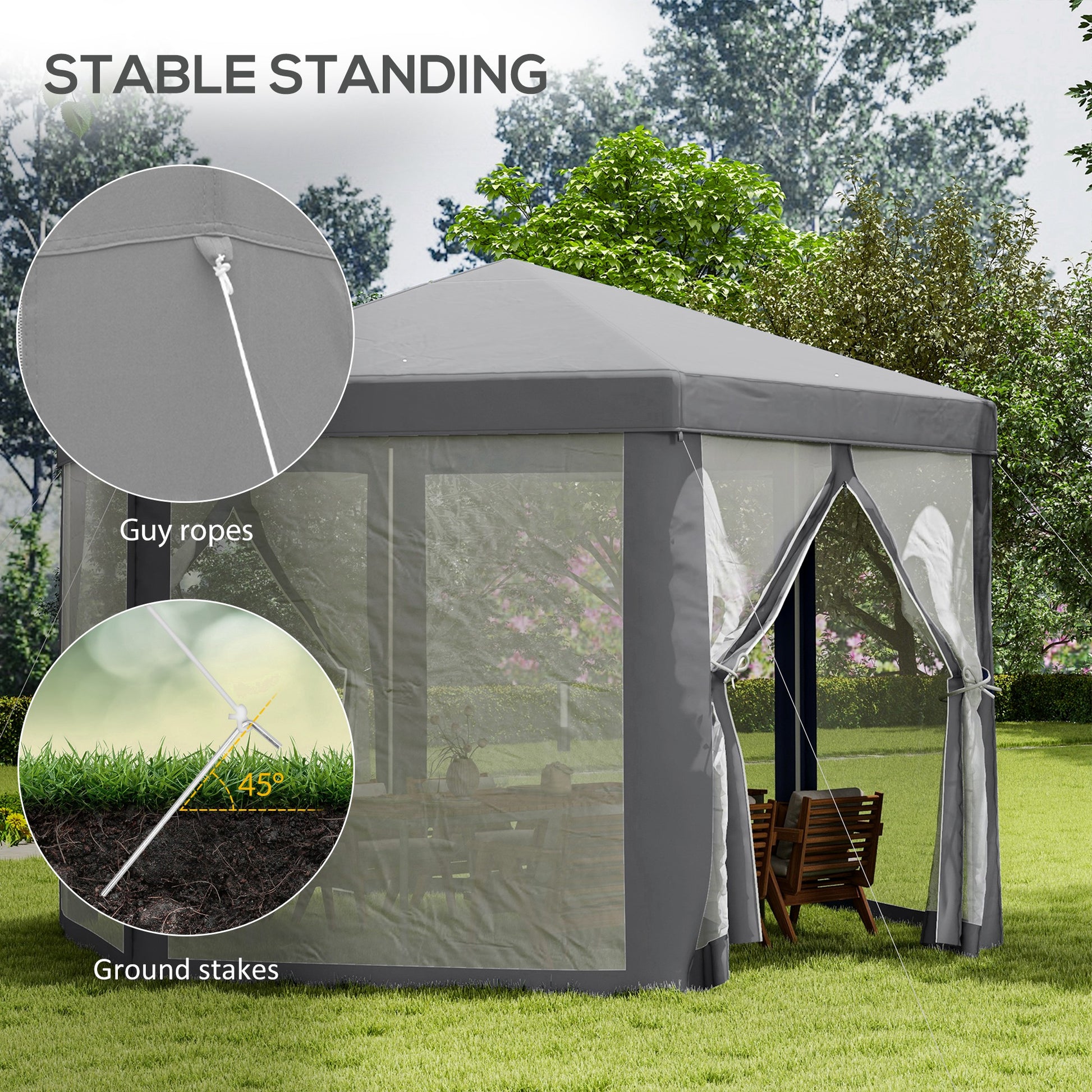 Hexagon Party Tent, Patio Gazebo with Netting Mesh, Light Grey