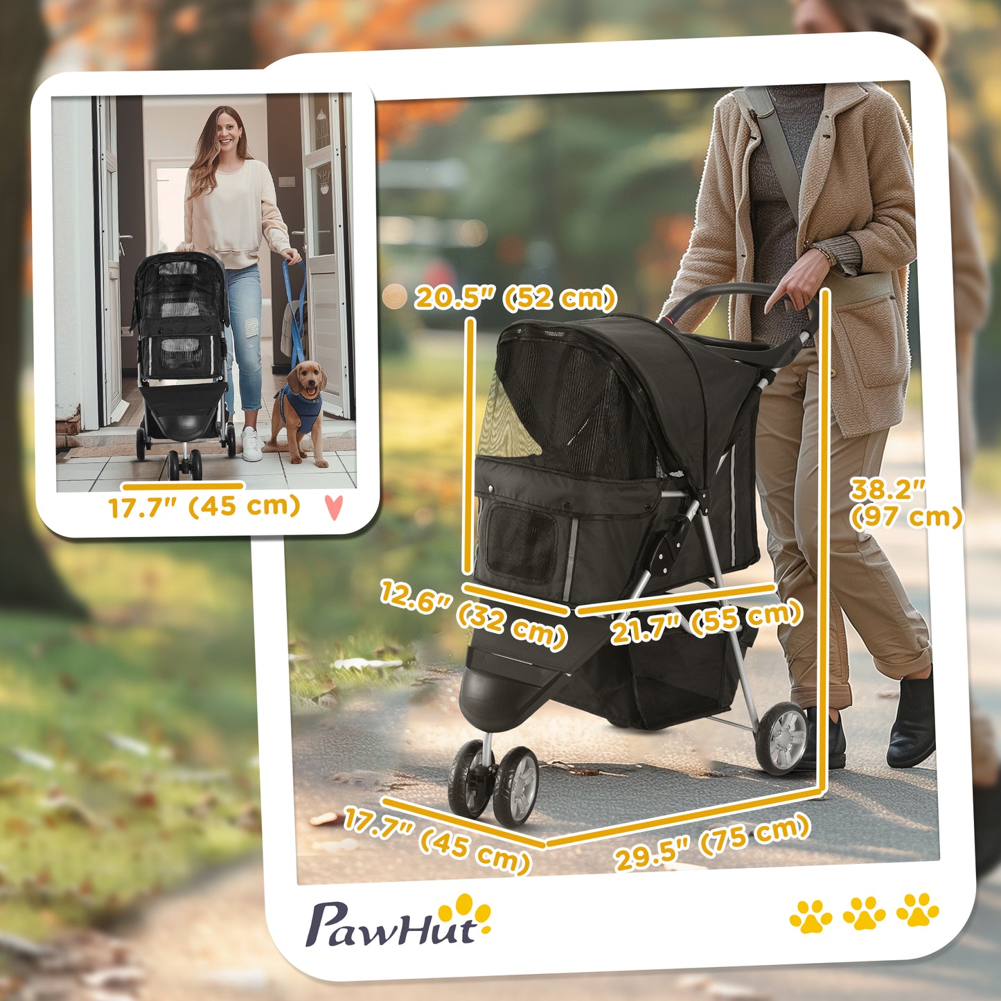 3 Wheels Foldable Dog Stroller with Storage Basket, Adjustable Canopy, Cupholder for Miniature and Small Dogs, Black