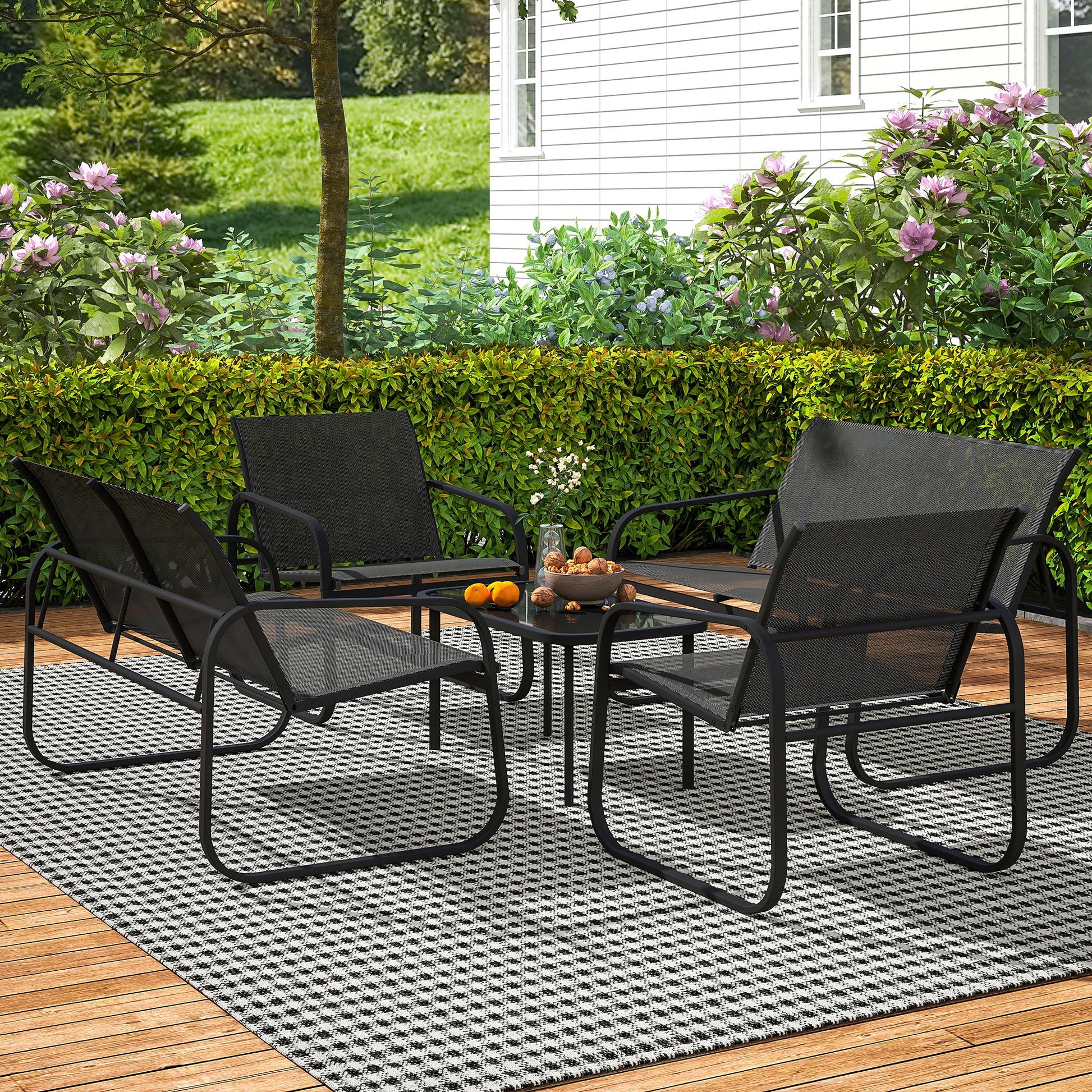 5-Piece Patio Furniture Set, Outdoor Conversation Set with 2 Loveseats, 2 Armchairs, Glass-Top Table, Black
