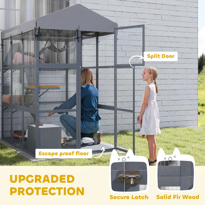 81"H Catio Outdoor with Floor to Prevent Escaping & Easy Cleaning, for 2-4 Cats Kittens, Grey