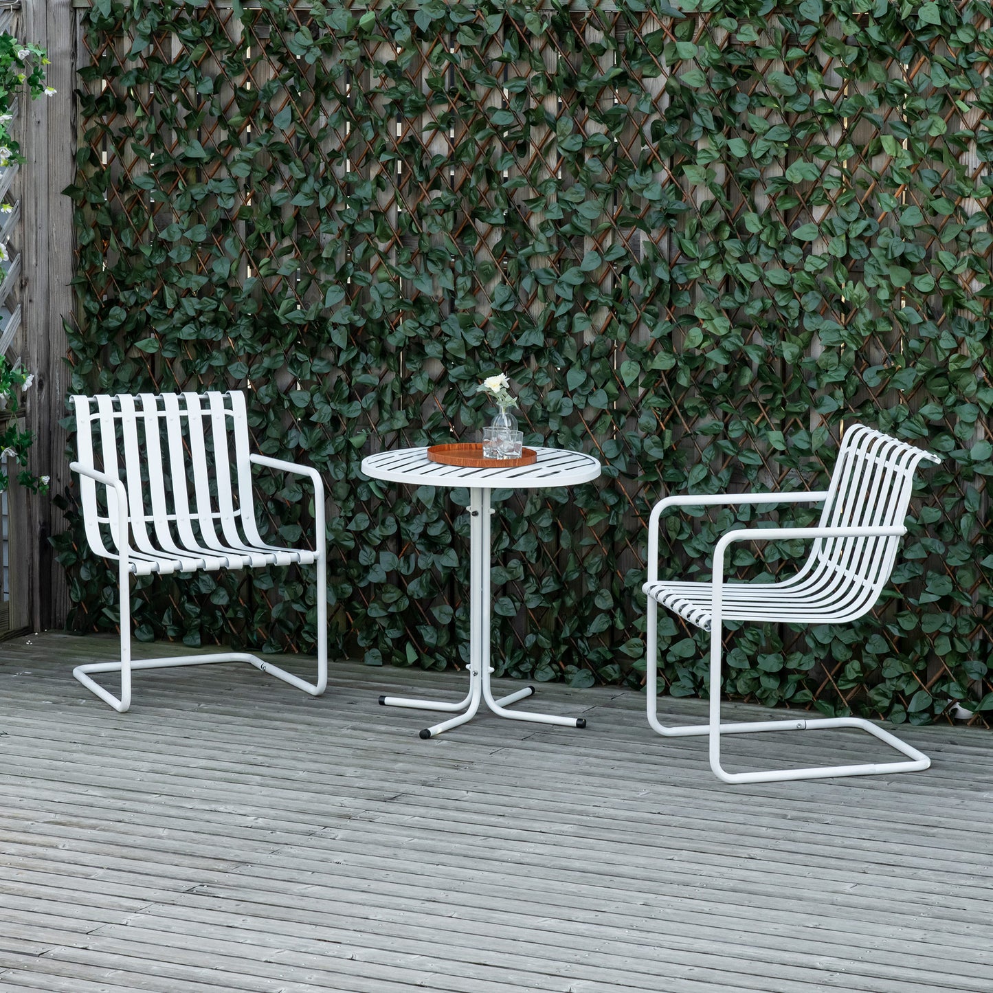 3 Pieces Patio Bistro Set, Metal Frame Garden Coffee Table Set with 2 Chairs & Round Table for Outdoor Yard Porch Poolside Balcony, White