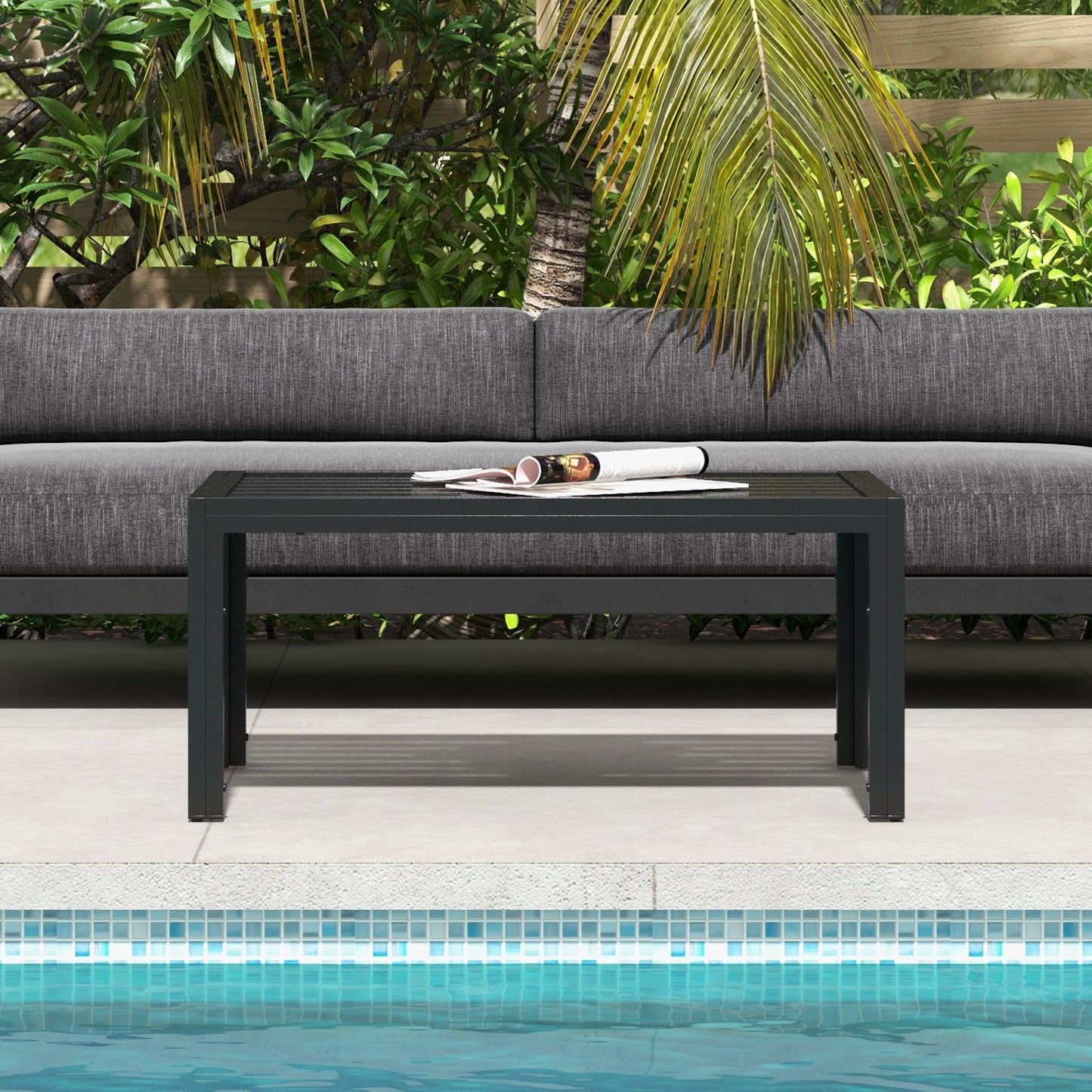 Outdoor Coffee Table, Rectangular Patio Table with Steel Frame and Slat Tabletop for Garden, Balcony, Black