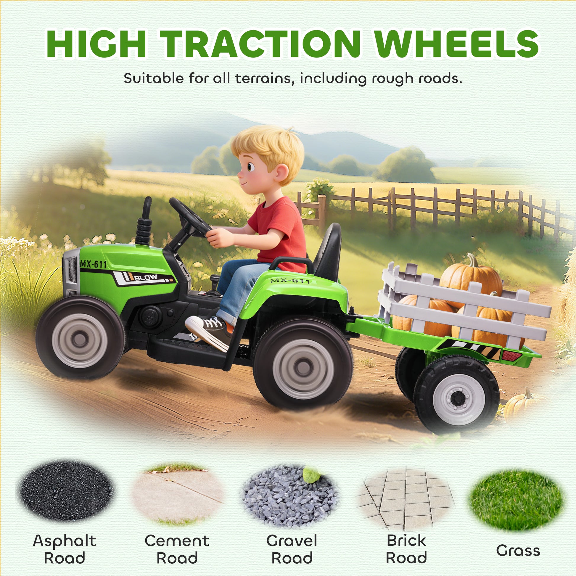 Aosom 12V Kids Ride on Tractor with Trailer, Battery Powered Electric Kids Car with Remote Control, Music Start up Sound and Horn, USB, LED Lights, Green