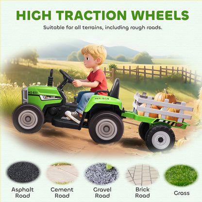 Aosom 12V Kids Ride on Tractor with Trailer, Battery Powered Electric Kids Car with Remote Control, Music Start up Sound and Horn, USB, LED Lights, Green