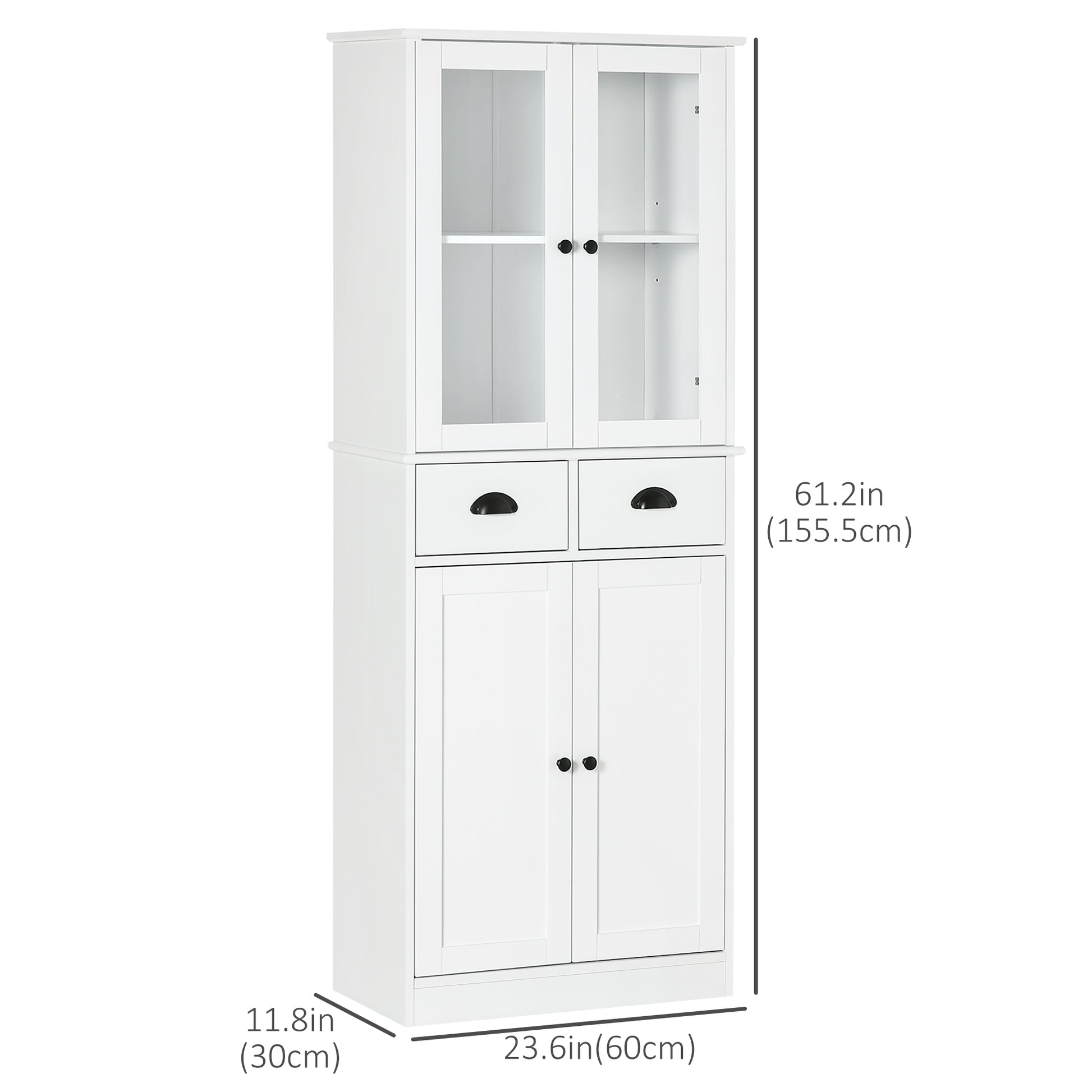 61" Kitchen Pantry Cabinet, Freestanding Farmhouse Buffet Storage Cabinet with Soft Close Glass Doors and Adjustable Shelves, White