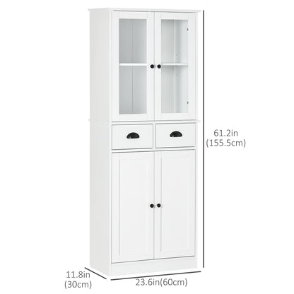 61" Kitchen Pantry Cabinet, Freestanding Farmhouse Buffet Storage Cabinet with Soft Close Glass Doors and Adjustable Shelves, White