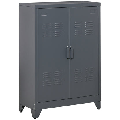 Metal Storage Cabinet, Industrial Sideboard Buffet Cabinet with 2 Louvered Doors, Adjustable Shelves, Grey