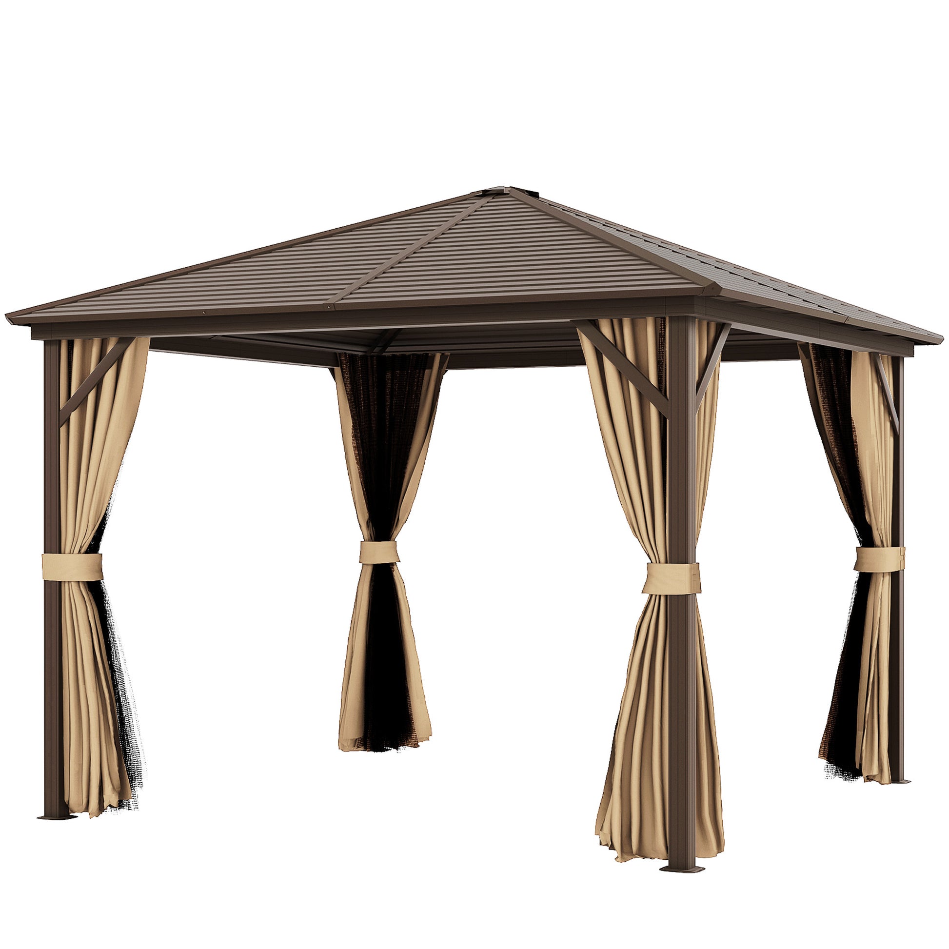 10' x 10' Hardtop Gazebo Outdoor Aluminum Gazebo Canopy with Mosquito Netting, Curtains, Hanging Hook, Brown