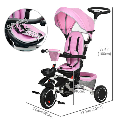 Aosom Tricycle for Toddler 6-in-1 Kids Trike, Foldable Converts Stroller to Baby Push Bike, Adjustable Backrest with Detachable Guardrail & Handle, Brake for 1-4 Years Old, Pink