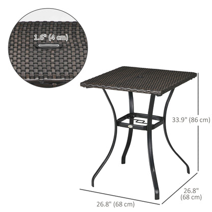 Patio Wicker Dining Table with Umbrella Hole, 34 Inch Outdoor PE Rattan Coffee Table with Plastic Board Under the Woven Table Top for Patio, Garden, Balcony, Mixed Brown