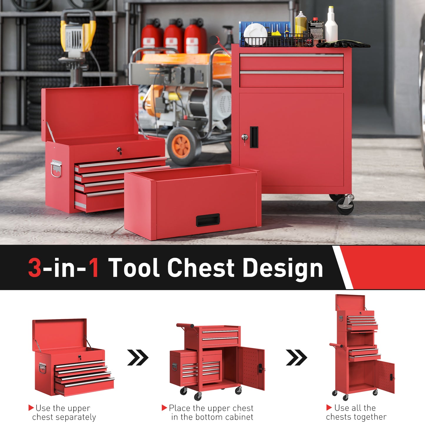 Large Tool Cabinet, 3-in-1 Rolling Tool Chest, Detachable Tool Storage Organizer with 6 Drawers and Pegboard, Red