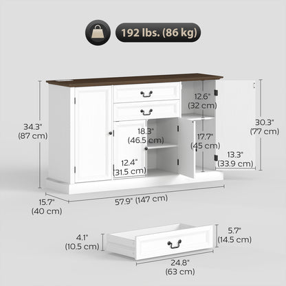 Farmhouse Sideboard with Charging Station and Thickened Top, 58" Buffet Cabinet with 2 Soft-Close Drawers, White