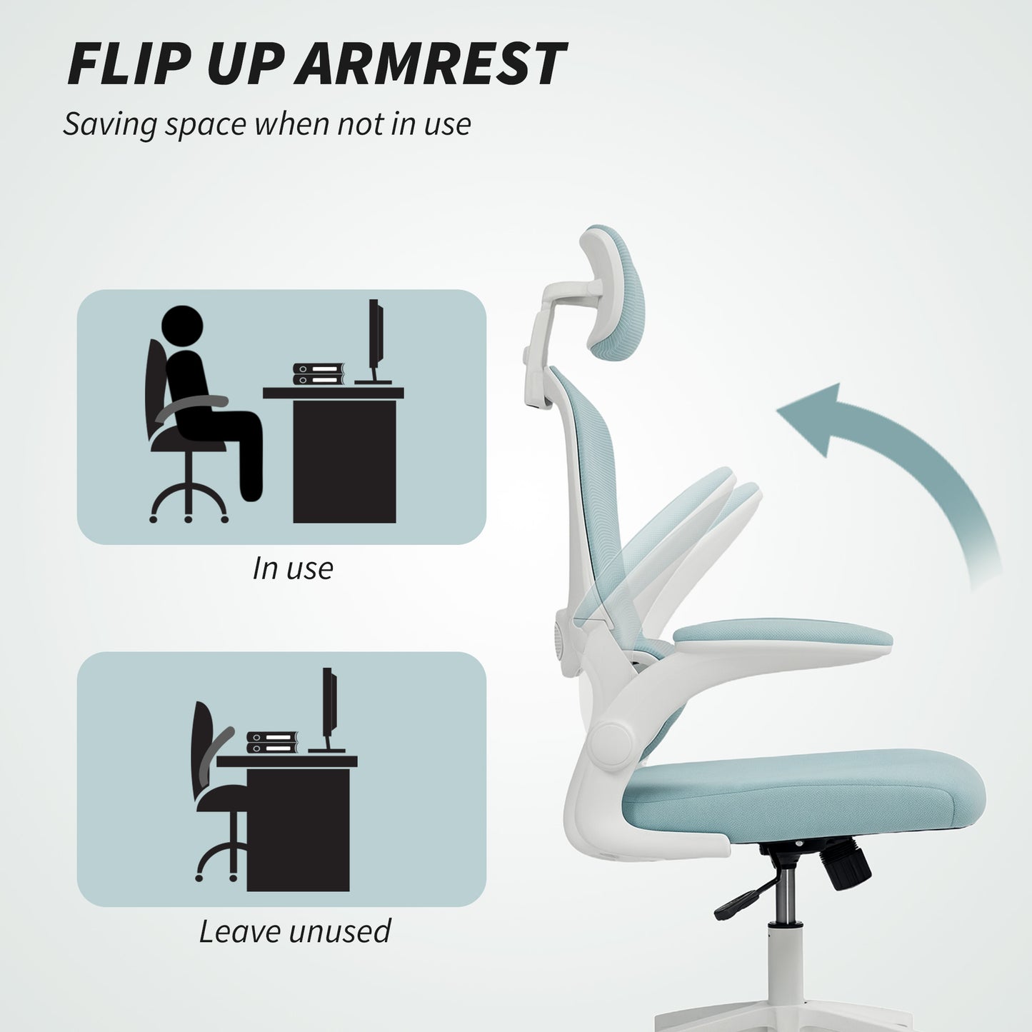 Ergonomic Mesh Office Chair, High Back Desk Chair with Rotatable Headrest, Flip-Up Armrests, Lumbar Support, Light Green