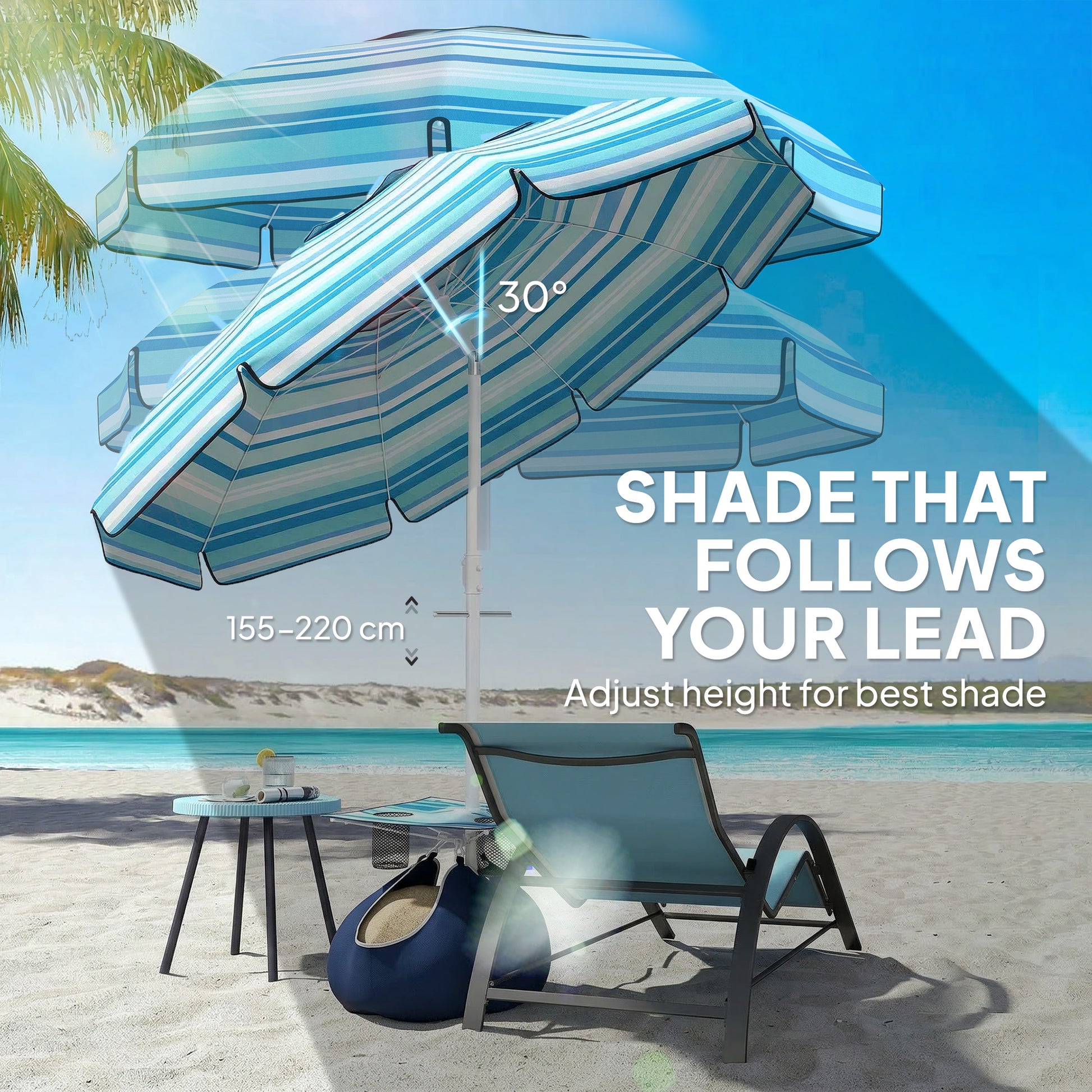 6 ft Portable Beach Umbrella with Foldable Table, Tilting Outdoor Sun Shade with Sand Anchor, Sandbag, Dark Blue
