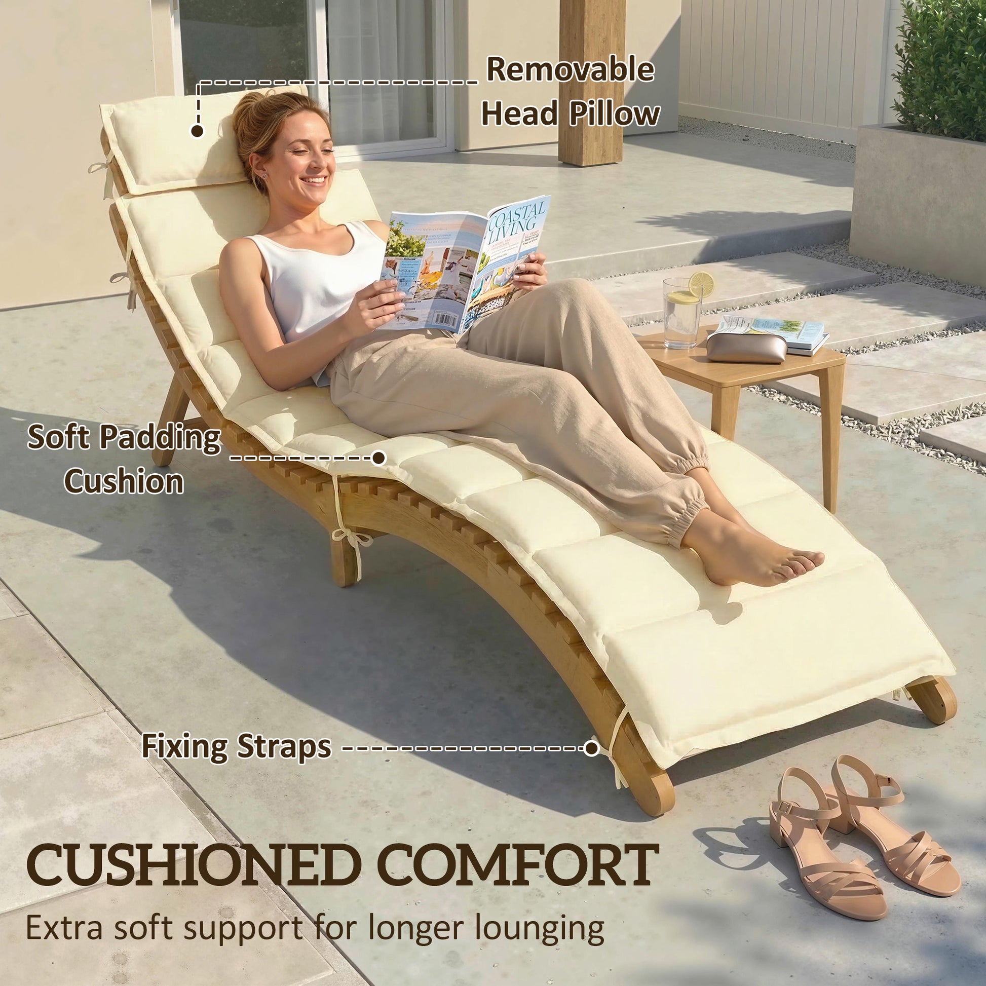 Folding Chaise Lounge Chair Outdoor, Acacia Wood Lounger Tanning Chair with Cushion, Headrest, Cream White