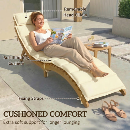 Folding Chaise Lounge Chair Outdoor, Acacia Wood Lounger Tanning Chair with Cushion, Headrest, Cream White