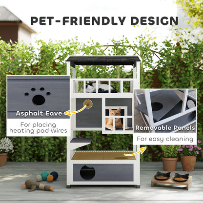 4-Floor Wood Outdoor Cat House Catio for Cats with Condo, Fun Entrances, Perch, Grey