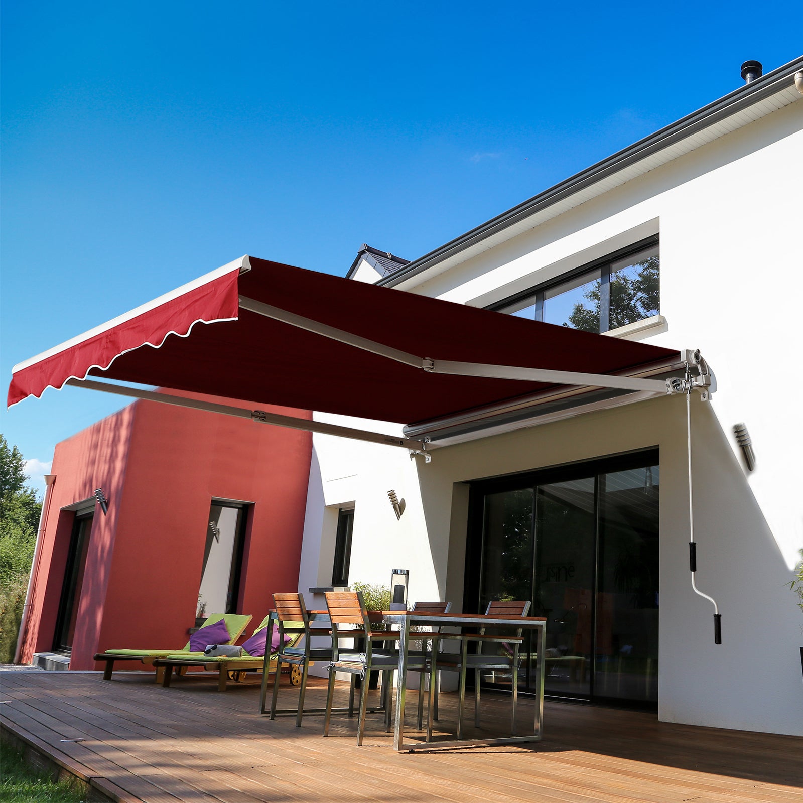 8'x7' Patio Awning Manual Retractable Sun Shade Outdoor Deck Canopy Shelter, Wine Red