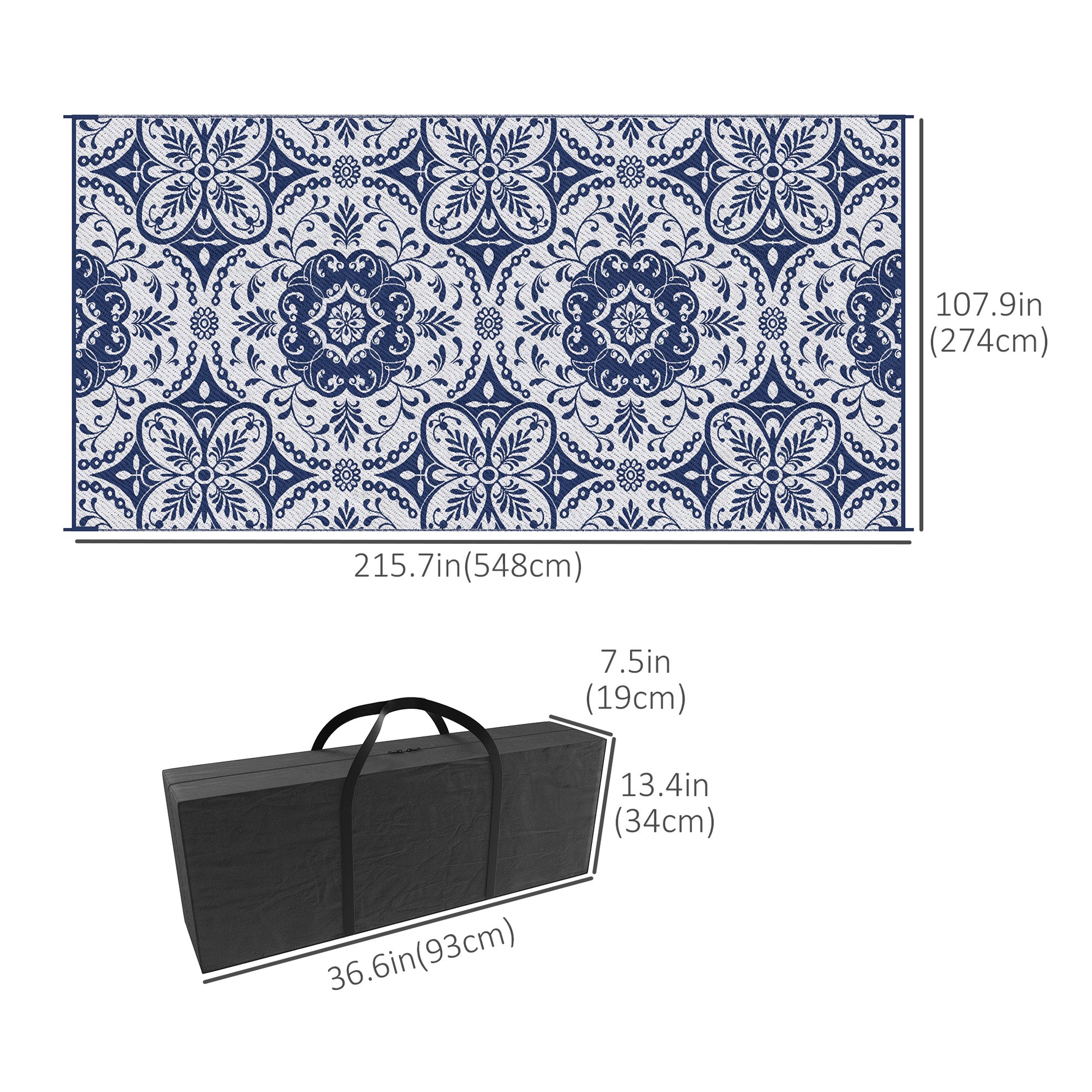 Portable Outdoor Rug with Carry Bag, 9' x 18' Reversible Mat, Waterproof Plastic Straw RV Rug for Backyard, Deck, Picnic, Beach, Camping, Blue & White Flower