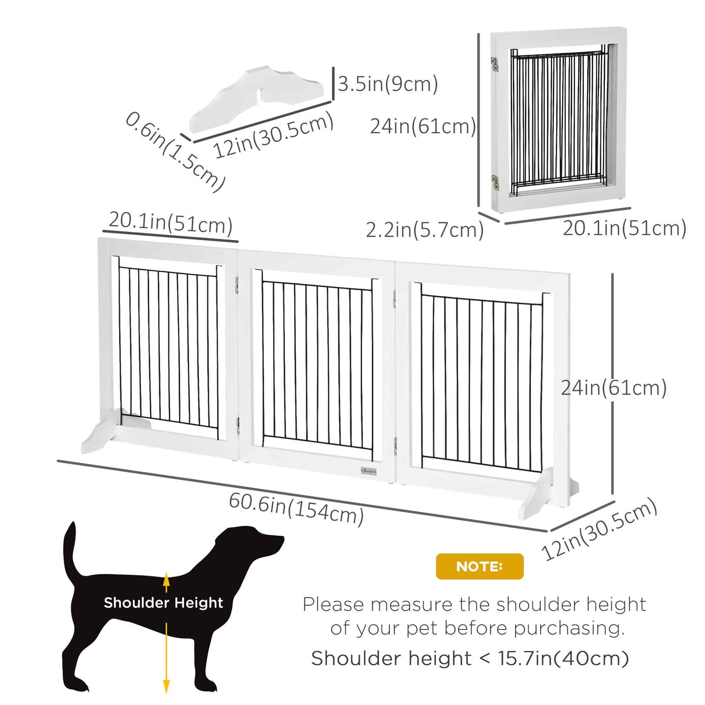 Freestanding Pet Gate, Folding Dog Gate with 2 Support Feet, 24" High, 3 Panels, for Small Dogs, Indoor Use - White