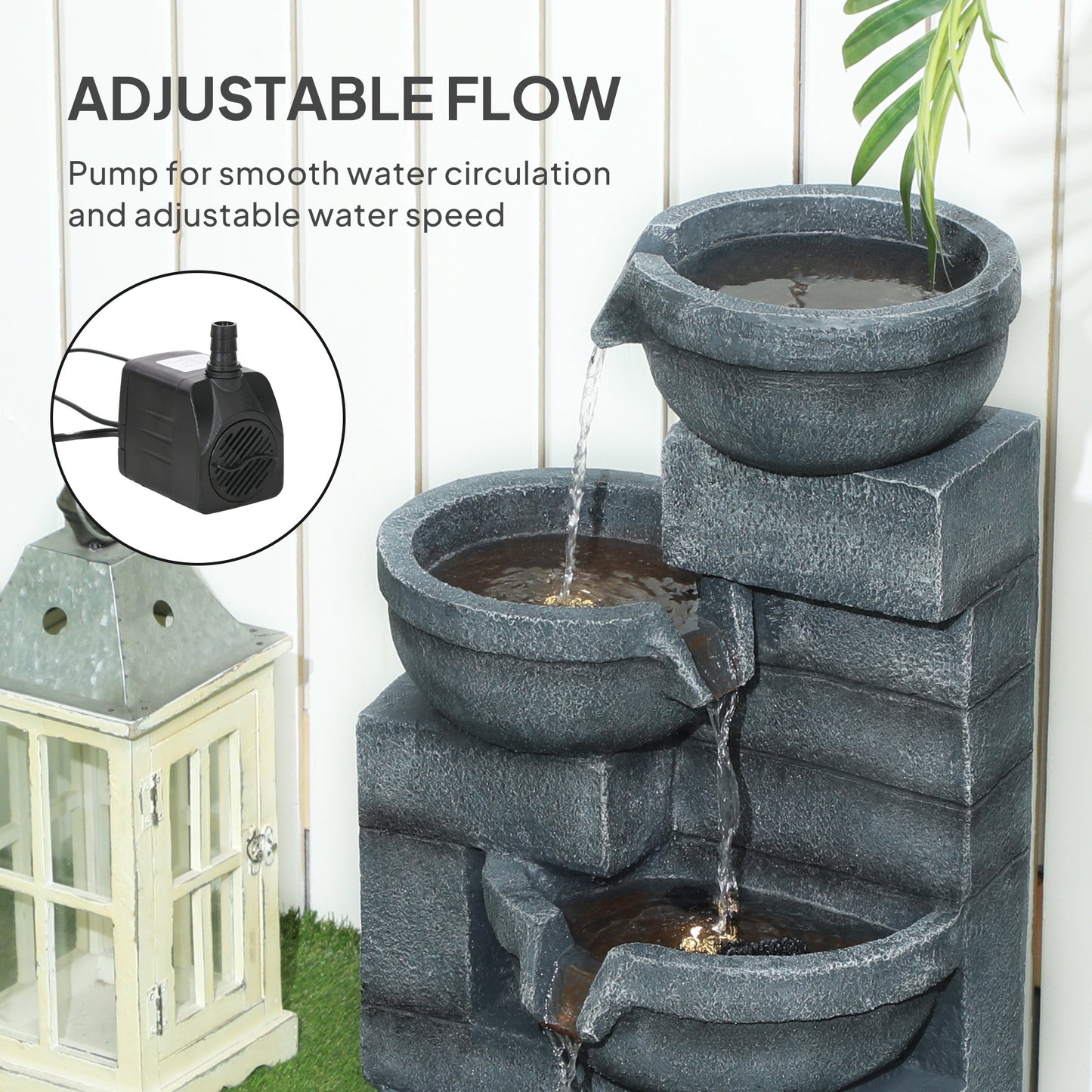 30" Tall Outdoor Water Fountain with LED Lights, 4-Tier Resin Cascading Bowls Garden Fountain Waterfall Fountain with Pump, Grey