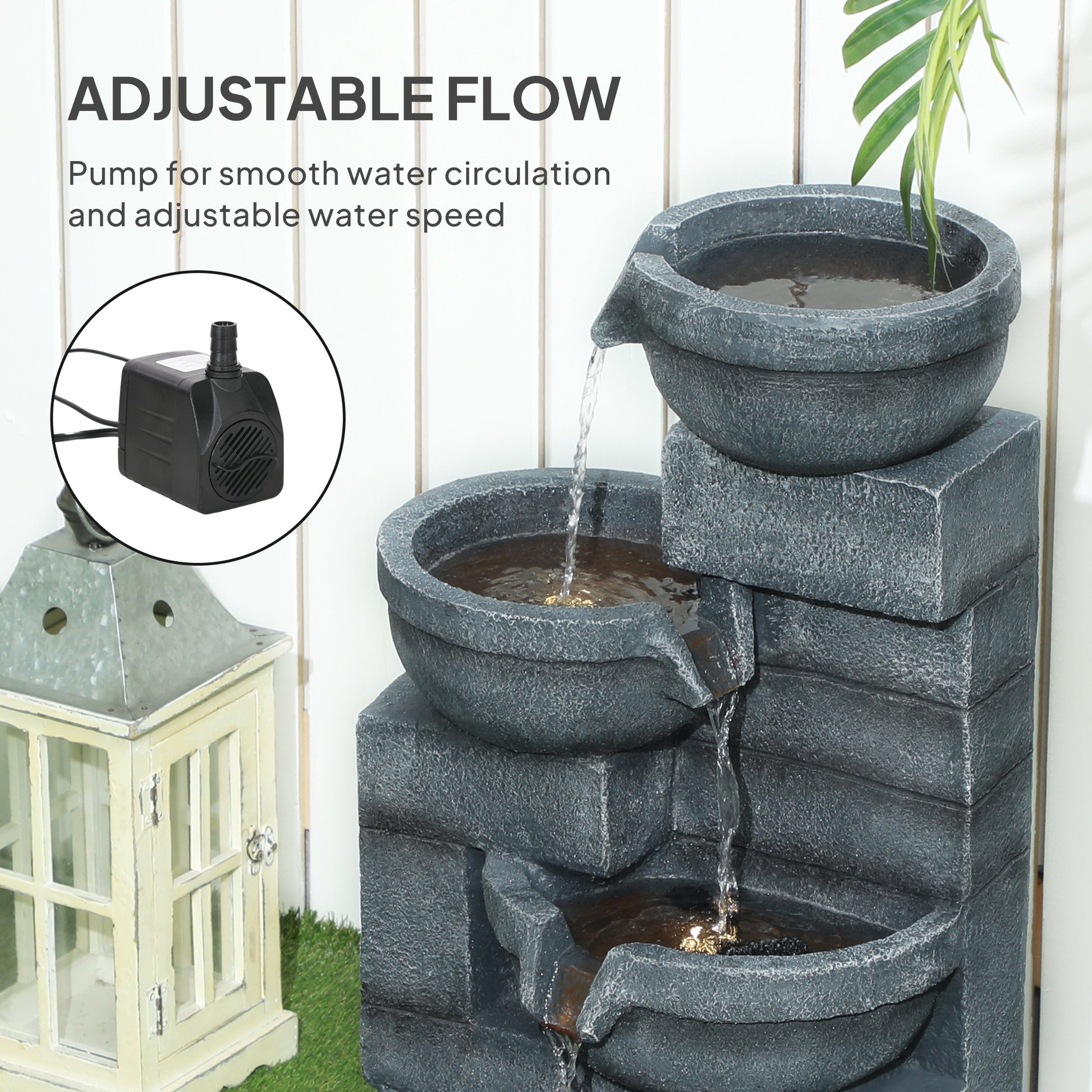 30" Tall Outdoor Water Fountain with LED Lights, 4-Tier Resin Cascading Bowls Garden Fountain Waterfall Fountain with Pump, Grey
