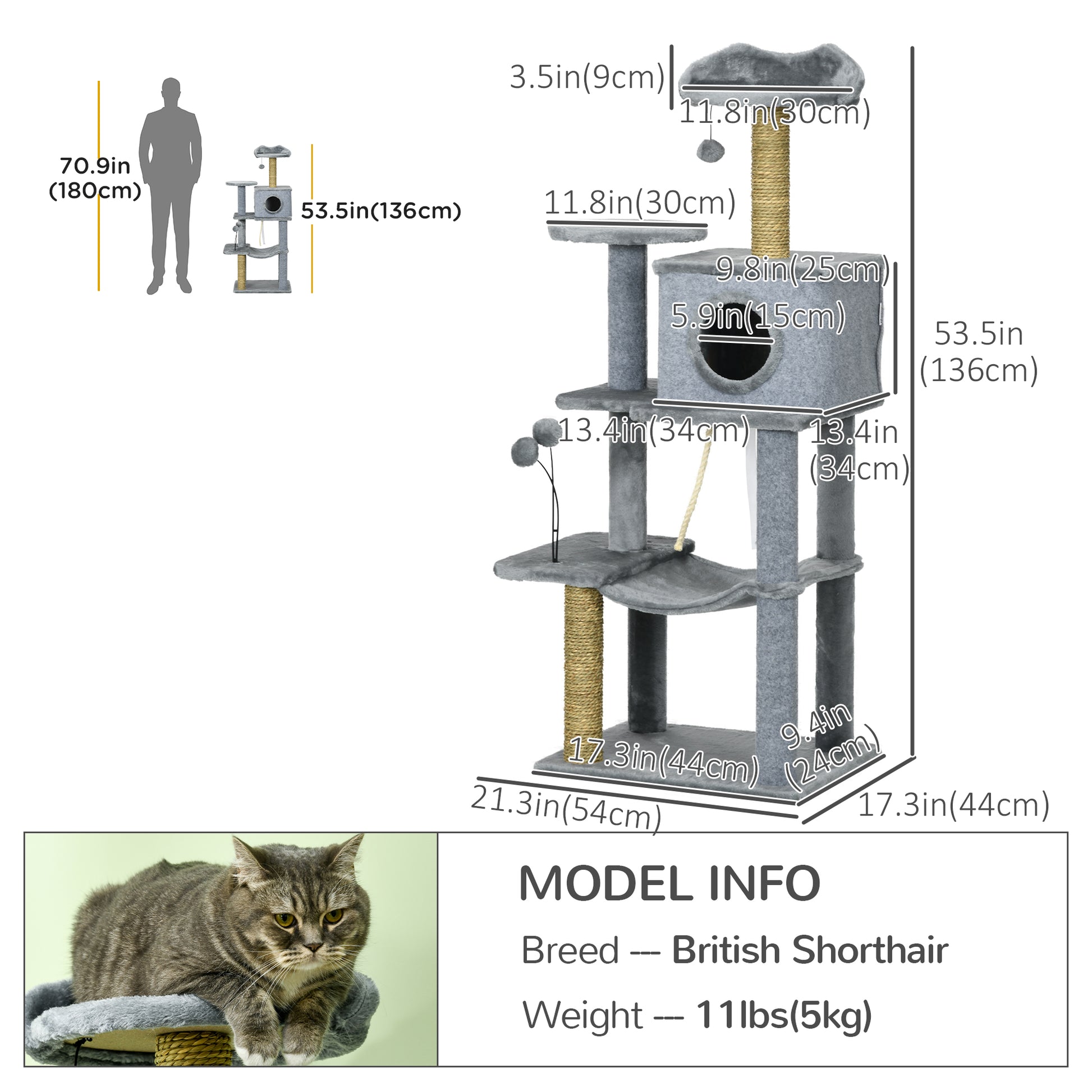 54" Cat Tree for Larger Cats Adult with Hammock, Tal Cat Tree Tower with Scratching Post, Condo, Platforms, Play Balls for Indoor Cats, Grey